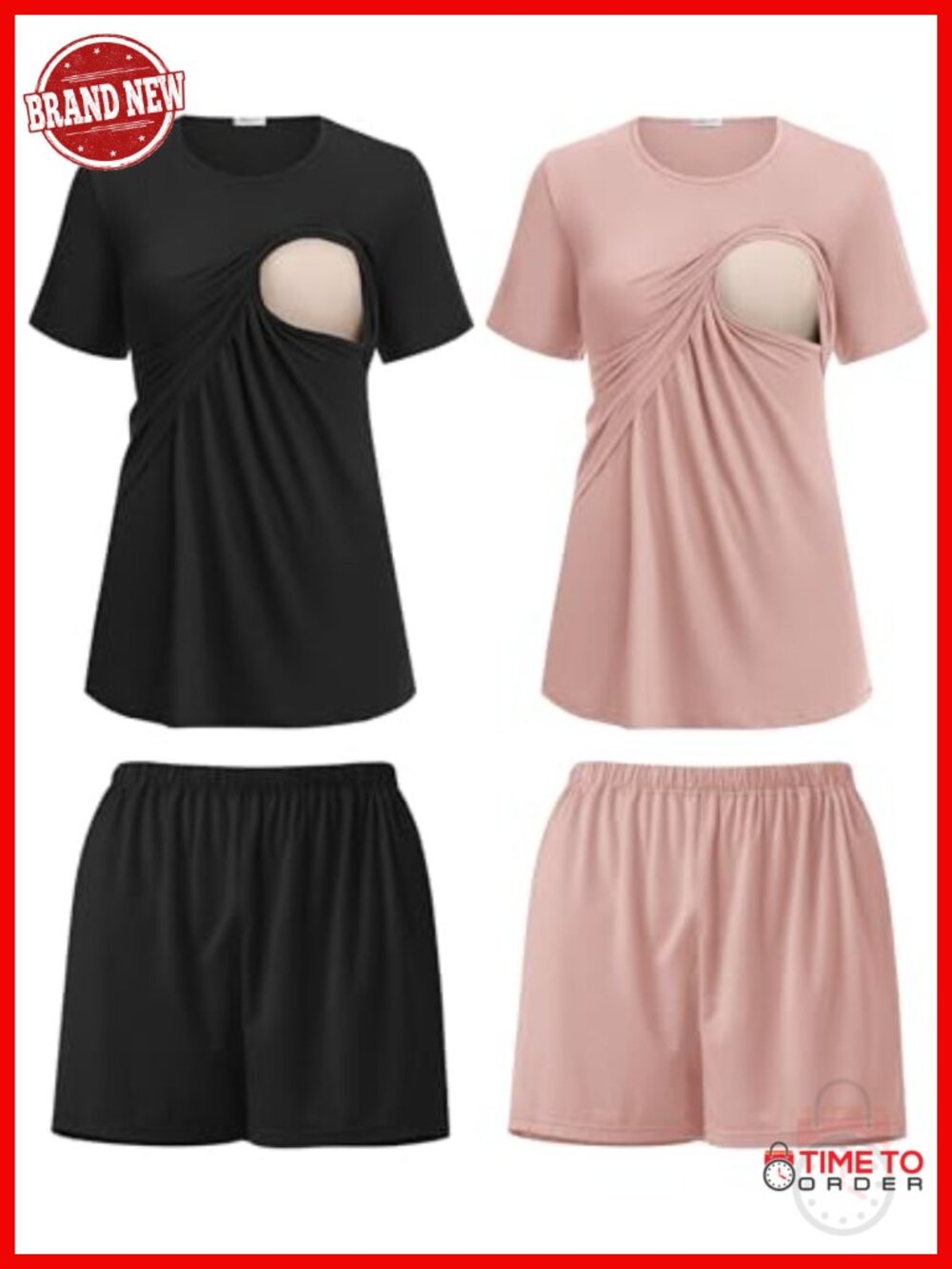 2 Pack Maternity Nursing Pajama Set with Double Layer Tops & Shorts